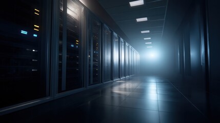 Fototapeta premium Dimly lit data center corridor features rows of server racks, illuminated by subtle blue glow. atmosphere conveys sense of technology and innovation, creating intriguing environment