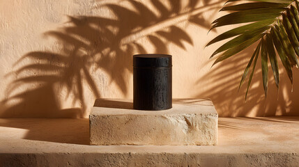 Black Cylindrical Tin on Beige Platform with Palm Shadow