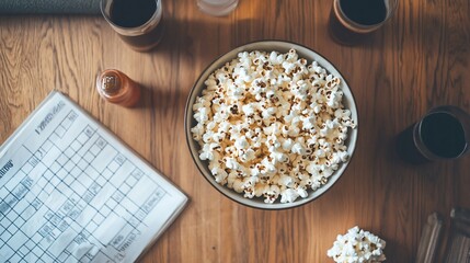 Game Night Essentials: Popcorn, Drinks, and a Scoresheet on Wood Table