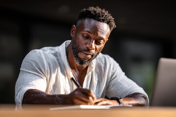 A dark-skinned man sits outdoors, writing in a notebook.