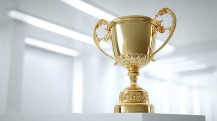 Golden trophy cup for victory and success, celebrating achievements in a minimalist white setting, 3D rendering