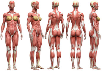 Female muscular system anatomy front back and side isolated on transparent background