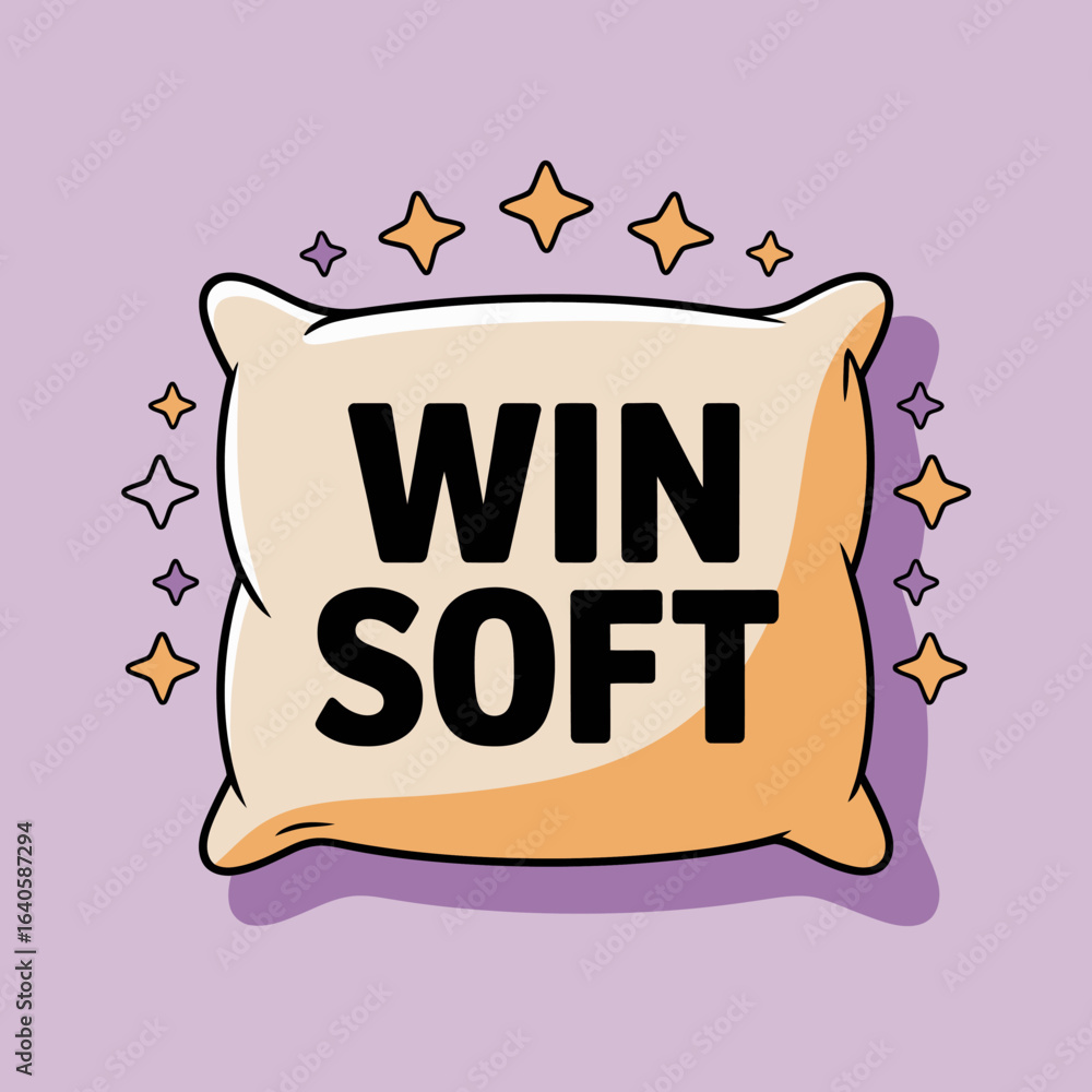 Poster a soft pillow with the words win soft written on it surrounded by sparkling stars representing comfo