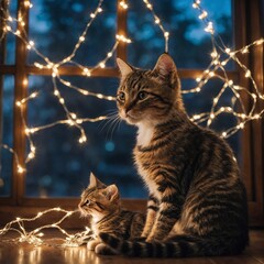 Three baby cats tangled in fairy lights near a window, clear with a beautiful background