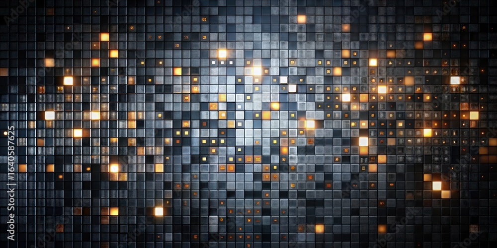 Poster illuminated grid abstract technological pattern of interlocking modules with glowing internal lights