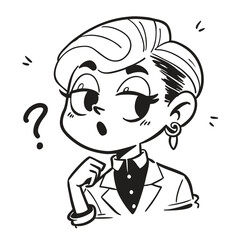 one fashionable women in a 1950s-inspired black-and-white cartoon style, bold lines, confident poses, one in a skirt suit, the other in a short skirt and sweater, mid-century modern illustration style