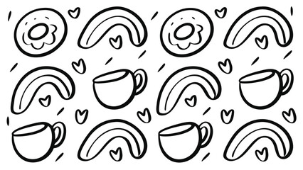 Seamless pattern with donuts rainbows coffee cups and hearts in black and white doodle style design