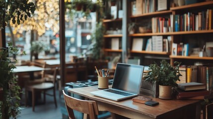 Cozy Workspace: Laptop and Books in a Charming Cafe Atmosphere