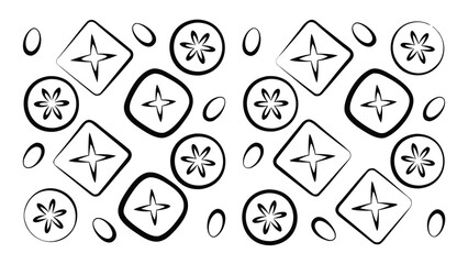 Hand drawn pattern of black and white shapes including circles stars and rounded squares on white background