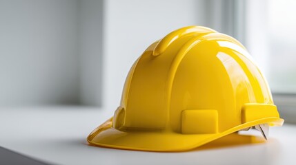 Fototapeta premium Yellow Hard Hat on White Surface: Safety Equipment for Construction and Industrial Professions