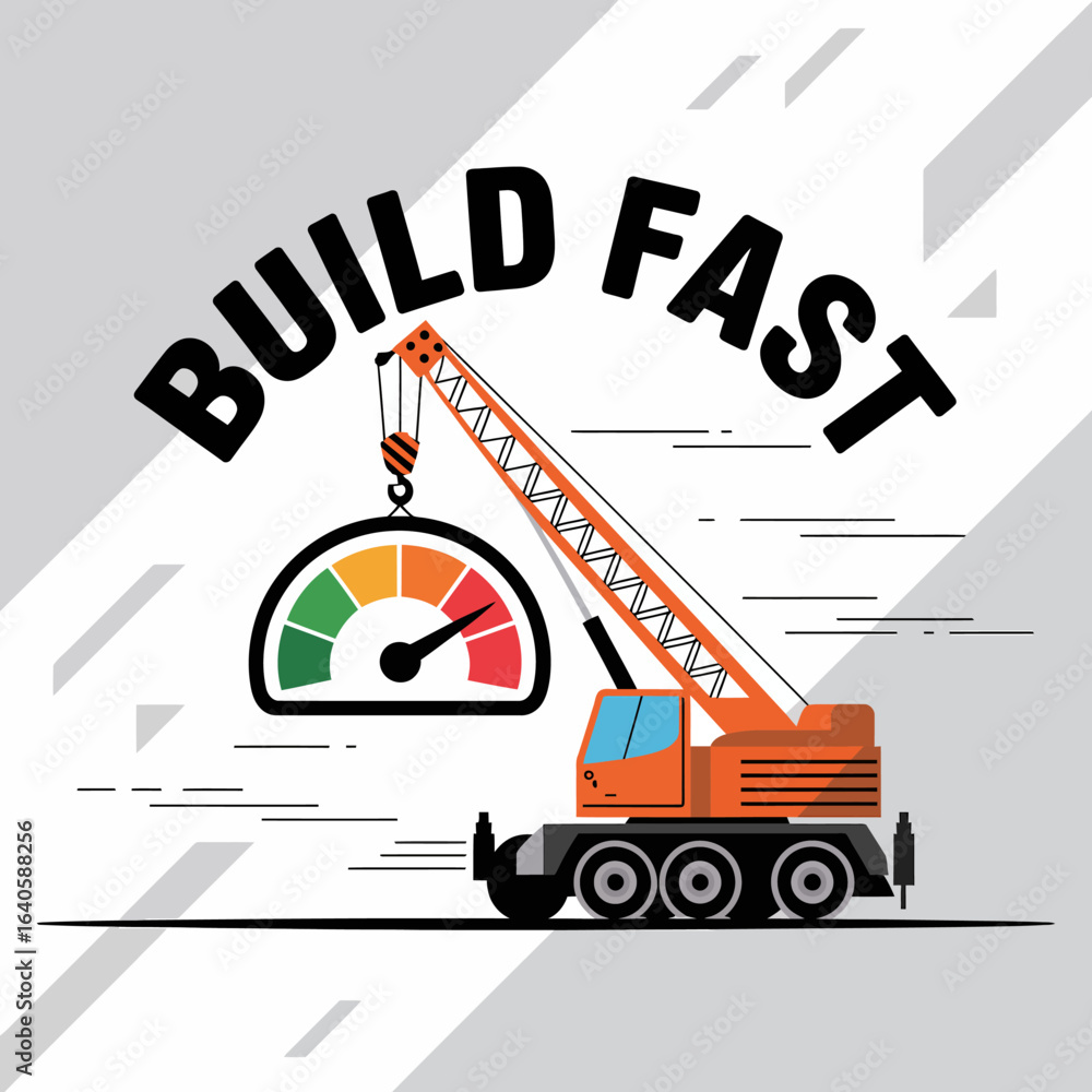 Aufkleber crane lifting a speedometer indicating fast speed with the words build fast on a light gray backgrou