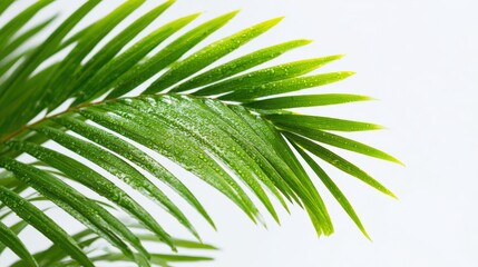 Obraz premium Fresh Green Palm Leaf Frond with Water Droplets Isolated on White Background for Tropical Designs
