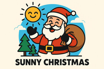 Santa Claus surfing tropical waves, bringing holiday cheer to a sunny beach scene.