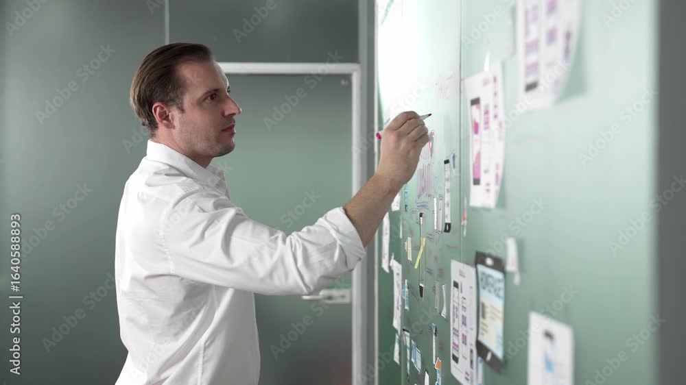 Poster professional start up project manager writing on board with ux and ui design. young handsome busines