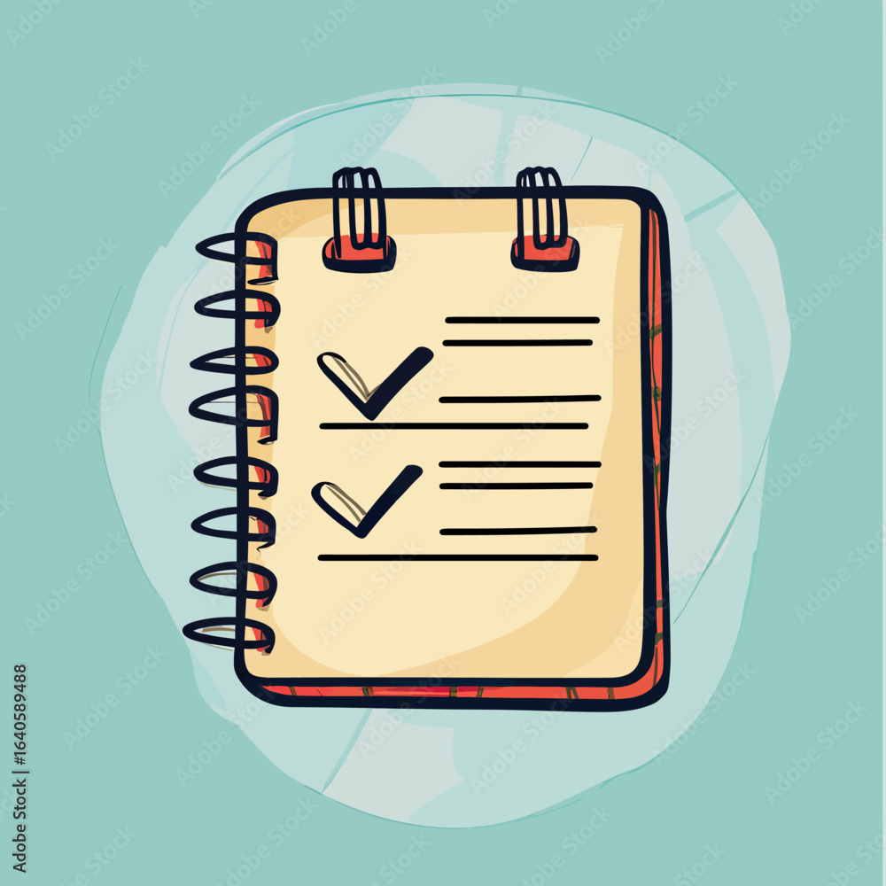 Poster hand drawn spiral checklist notebook with two checkmarks on lined page, sketch doodle style with pas