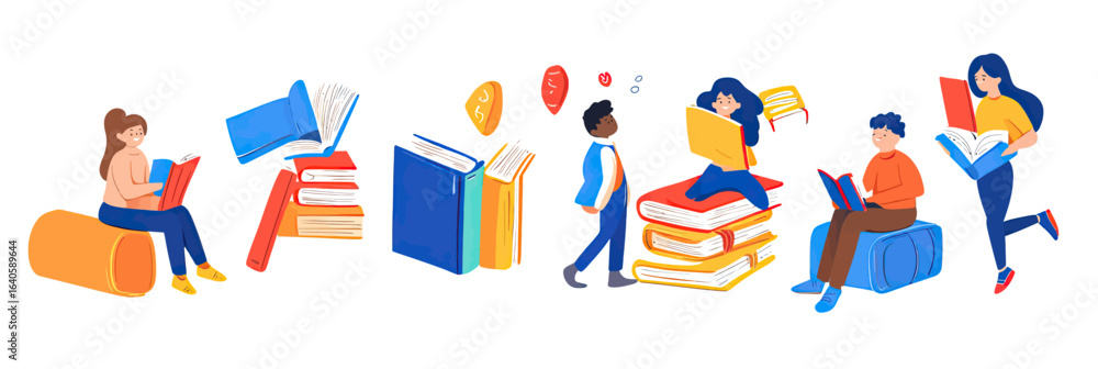 Poster children reading books and studying literature and language skills in colorful flat style with schoo