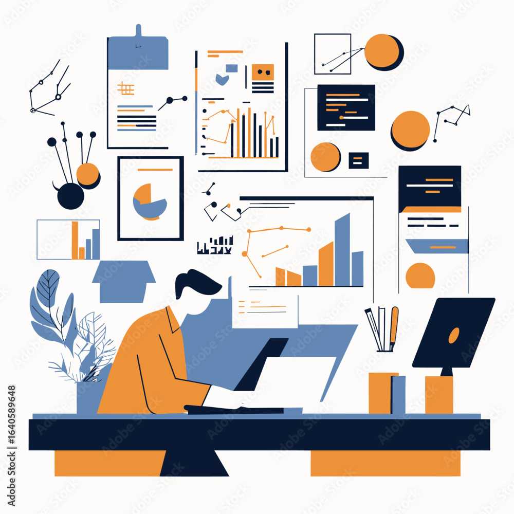 Poster business analytics workspace with person using laptop surrounded by charts graphs data visualization
