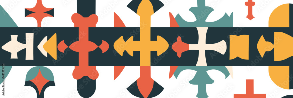 Aufkleber flat minimalist vector medieval style dividers and borders with symmetrical ornate cross and geometr