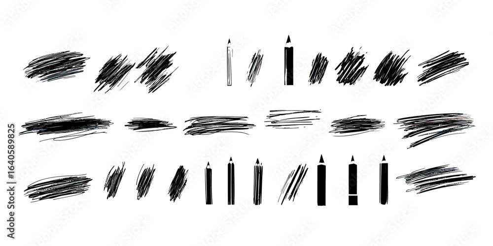 Poster set of various black pencil and marker stroke scribbles with single pencils and markers in flat mini