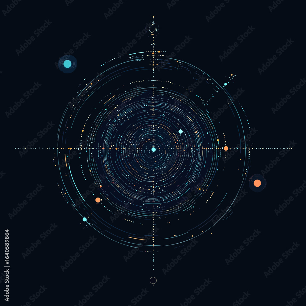 Poster Futuristic digital target interface design with circular data visualization, cosmic elements, and glowing points in dark background