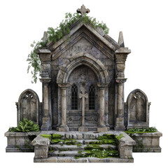 Obraz premium Detailed Stone Mausoleum with Gothic Architecture Moss and Ivy on Transparent Background