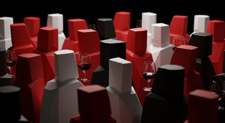 Fototapeta premium Abstract gathering with geometrically shaped individuals holding wine glasses