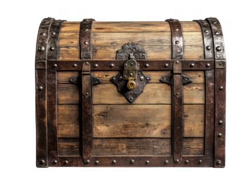 Antique wooden chest with metal detailing and decorative lock isolated on transparent background
