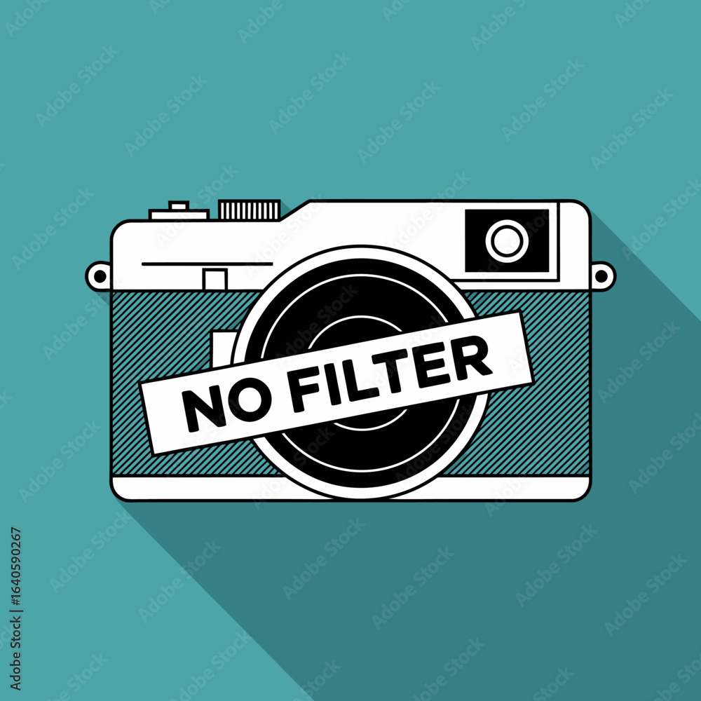 Aufkleber retro camera with a no filter band across the lens symbolizing authenticity and a return to natural 