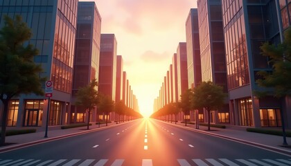 Fototapeta premium Deserted Urban Road Under the Radiant Sunset Light