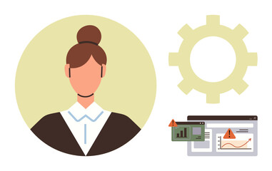 Businesswoman portrait with charts, warning icons, and gear representing data analysis, workflow, error handling, team coordination, productivity, technical issues and user experience. Ideal