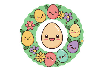 Joyful Easter celebration with cute kawaii egg characters in a spring floral wreath. A festive holiday graphic illustration.
