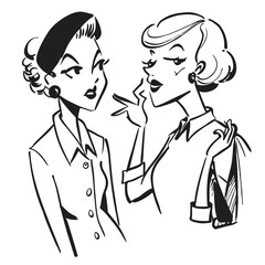 Two fashionable women in a 1950s-inspired black-and-white cartoon style, bold lines, confident poses, one in a skirt suit, the other in a short skirt and sweater, mid-century modern illustration style