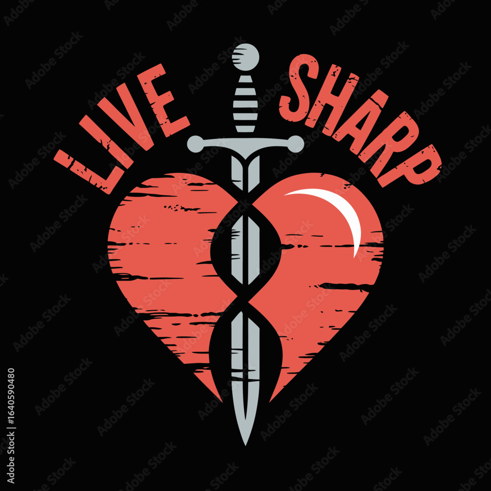 Poster a stylized red heart is pierced by a silver sword with the words live sharp emblazoned above in a di