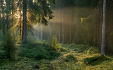 Tranquil green forest with morning light and mist