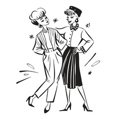 Two fashionable women in a 1950s-inspired black-and-white cartoon style, bold lines, confident poses, one in a skirt suit, the other in a short skirt and sweater, mid-century modern illustration style