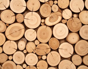 Close-up of stacked wooden logs with natural rings and cracks, showing warm brown tones and rustic texture
