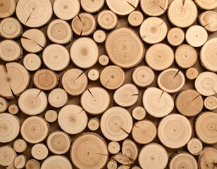 Close-up of stacked wooden logs with natural rings and cracks, showing warm brown tones and rustic texture