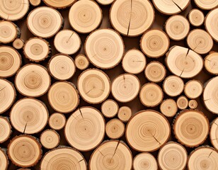 Close-up of stacked wooden logs with natural rings and cracks, showing warm brown tones and rustic texture