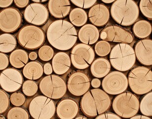 Close-up of stacked wooden logs with natural rings and cracks, showing warm brown tones and rustic texture