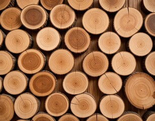 Close-up of stacked wooden logs with natural rings and cracks, showing warm brown tones and rustic texture