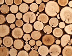 Close-up of stacked wooden logs with natural rings and cracks, showing warm brown tones and rustic texture