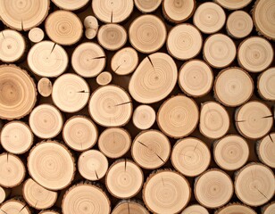Close-up of stacked wooden logs with natural rings and cracks, showing warm brown tones and rustic texture