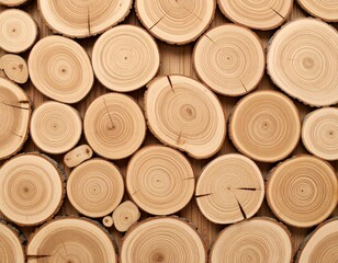Close-up of stacked wooden logs with natural rings and cracks, showing warm brown tones and rustic texture