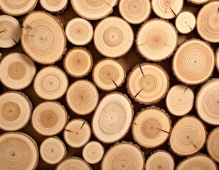 Close-up of stacked wooden logs with natural rings and cracks, showing warm brown tones and rustic texture