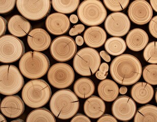 Close-up of stacked wooden logs with natural rings and cracks, showing warm brown tones and rustic texture