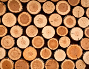 Close-up of stacked wooden logs with natural rings and cracks, showing warm brown tones and rustic texture