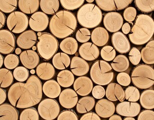 Close-up of stacked wooden logs with natural rings and cracks, showing warm brown tones and rustic texture