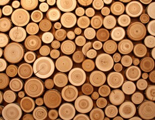 Close-up of stacked wooden logs with natural rings and cracks, showing warm brown tones and rustic texture