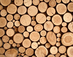 Close-up of stacked wooden logs with natural rings and cracks, showing warm brown tones and rustic texture