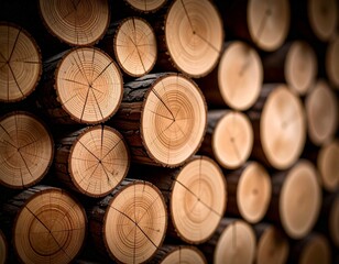 Close-up of stacked wooden logs with natural rings and cracks, showing warm brown tones and rustic texture